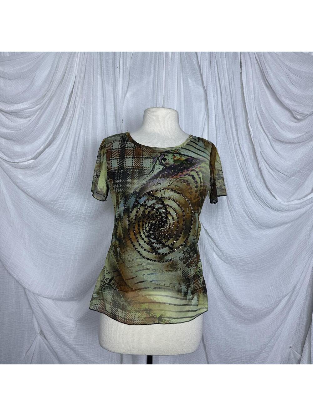 Vintage Indie AZIZI Sheer Spiral Patterned Beaded Mesh Top (M)